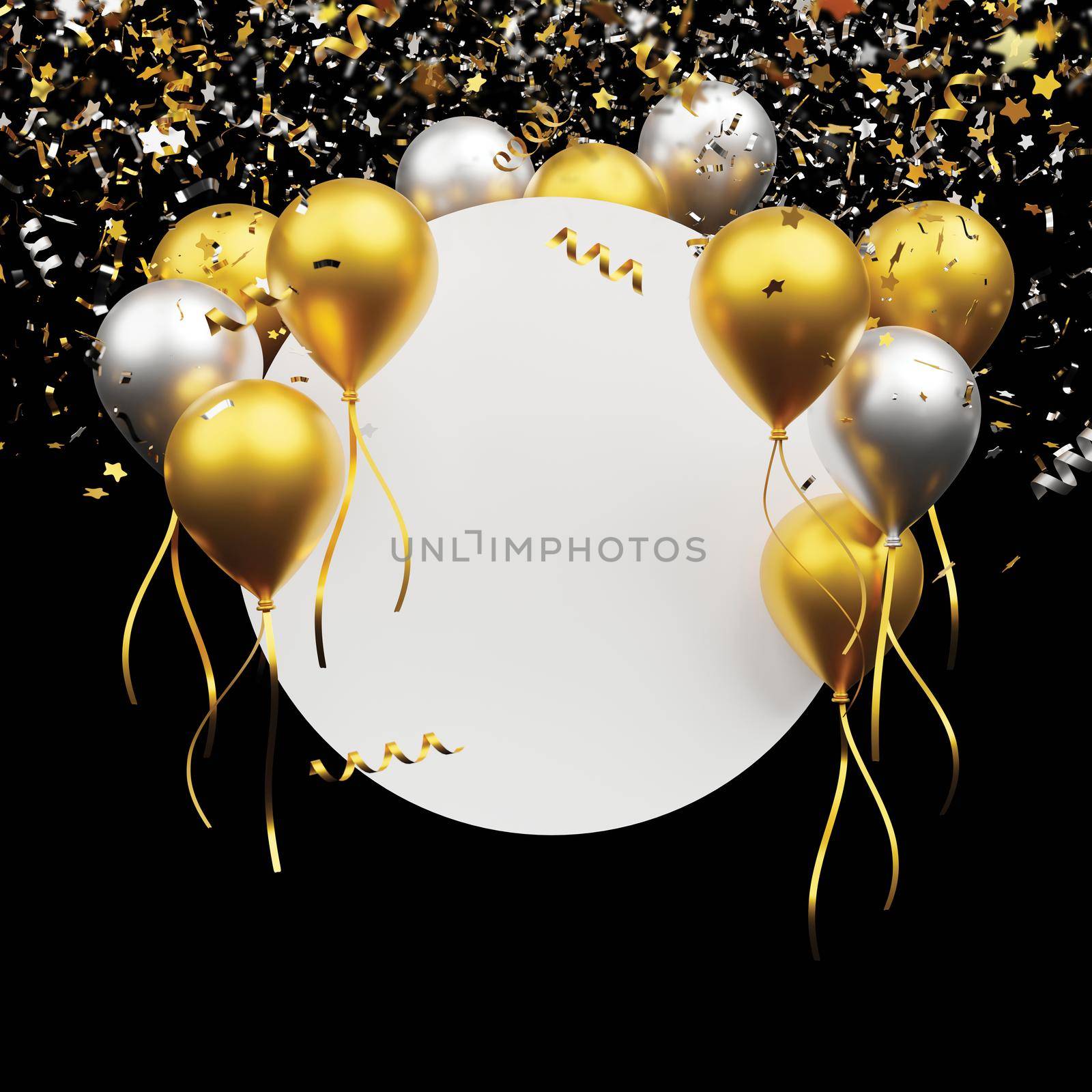 Gold and silver balloon with foil confetti falling with blank banner on black background 3d render by Myimagine