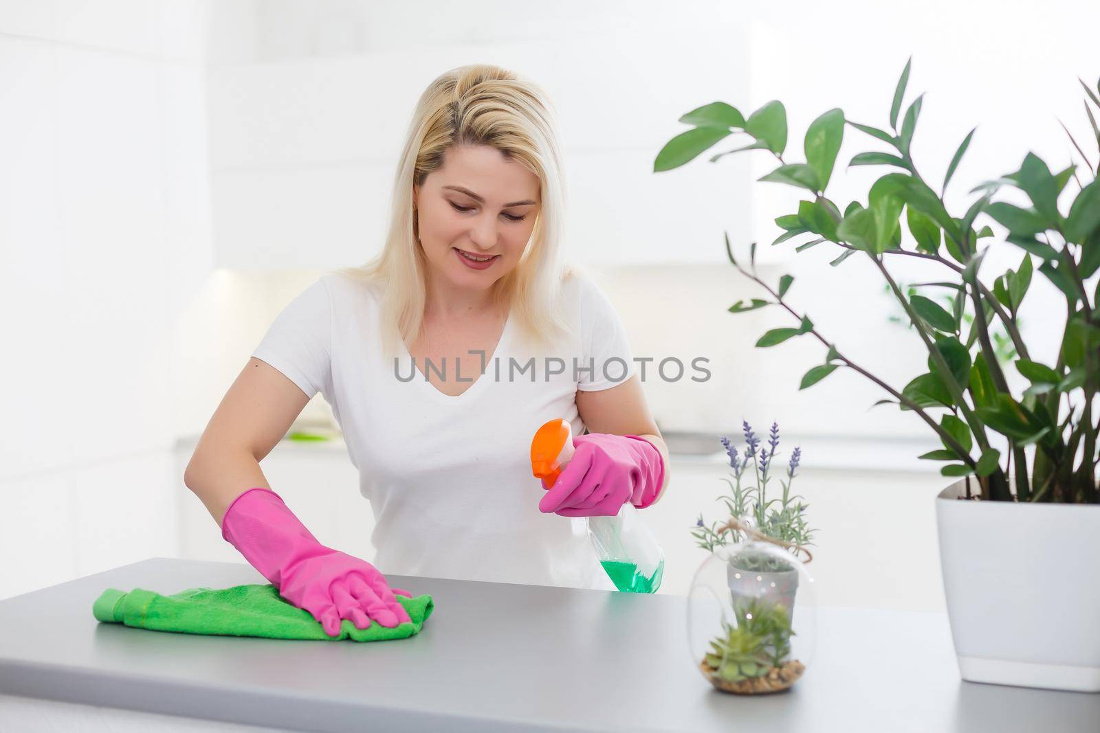 Cleanness is in trend. Pretty smiling woman wiping table with cloth and special means of washing