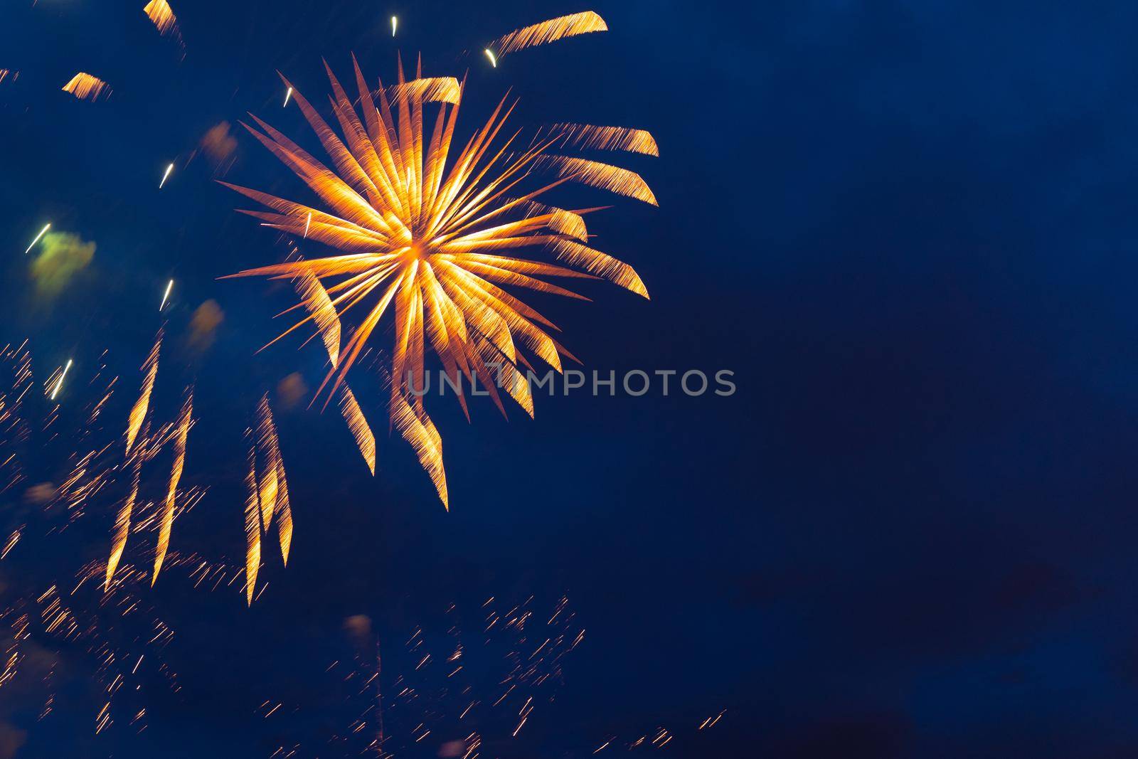 Brightly colorful fireworks and salute of various colors in a night sky. Independence Day, 4th of July, Fourth of July or New Year.