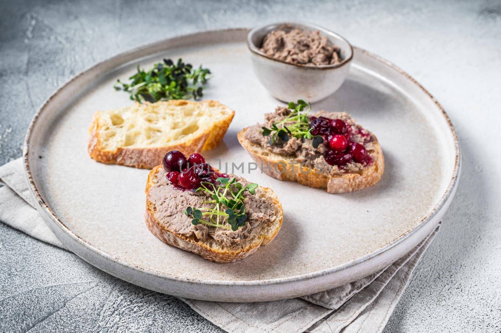 Toasts with chicken rillettes pate on white bread with sprouts. White background. Top View by Composter