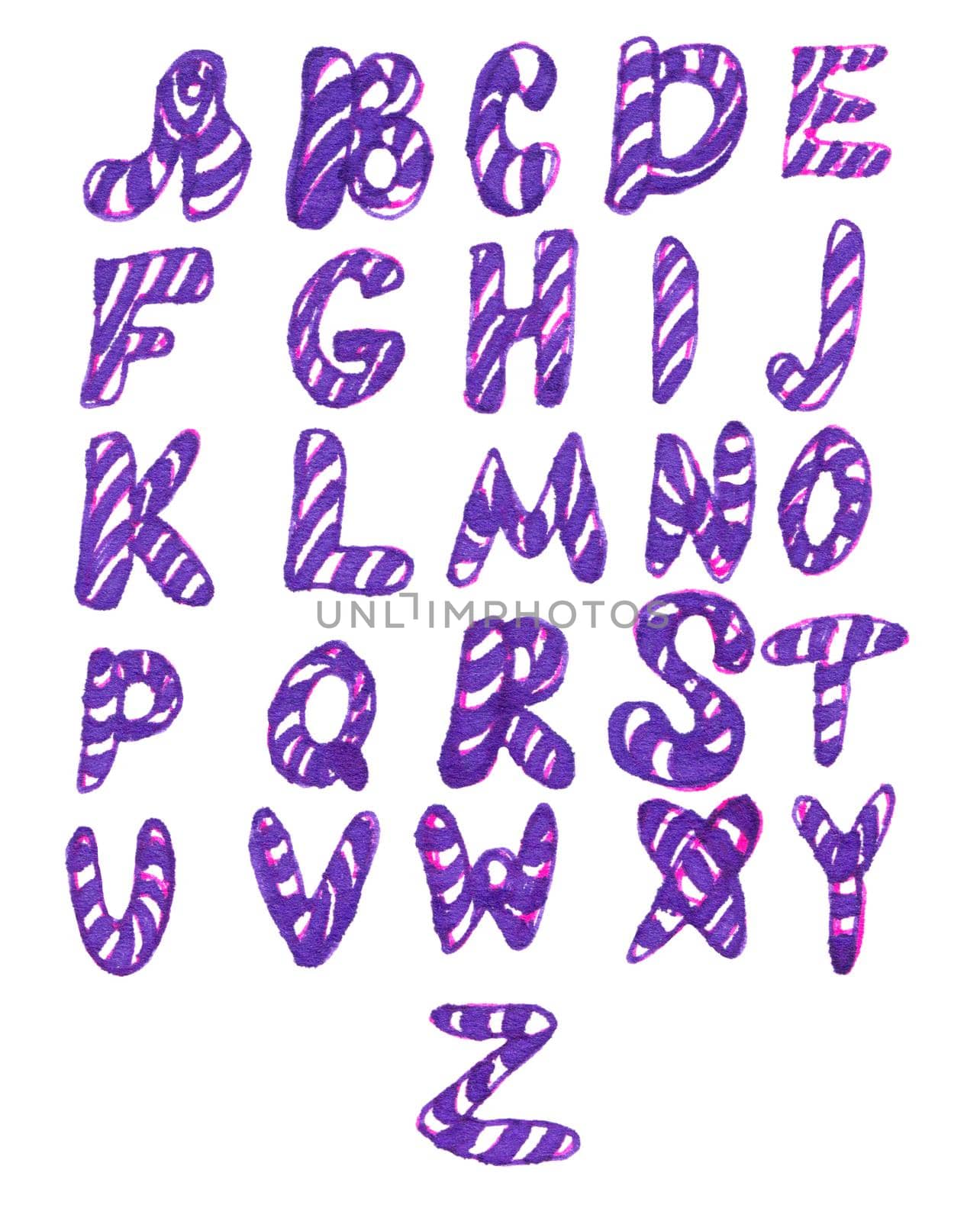 Hand drawn Candy Purple Abc illustration on white background. Colorful pens. English alphabet.