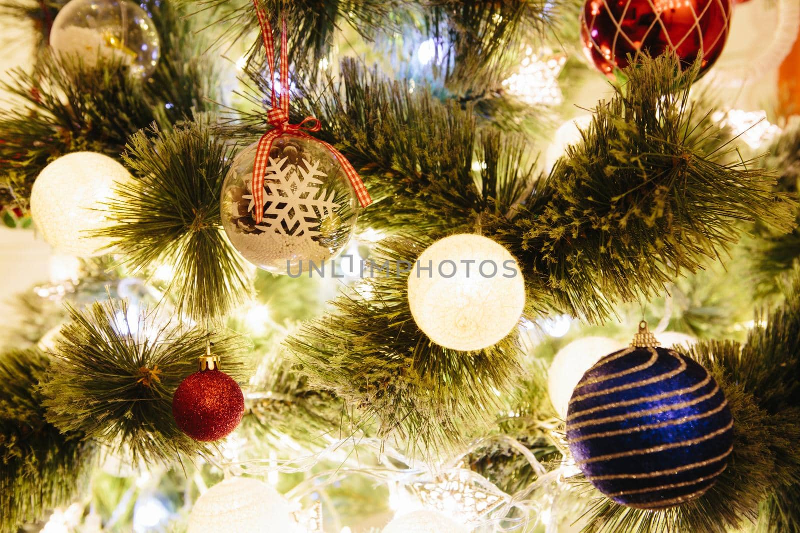 Close-up photo with decorations of christmas tree. .