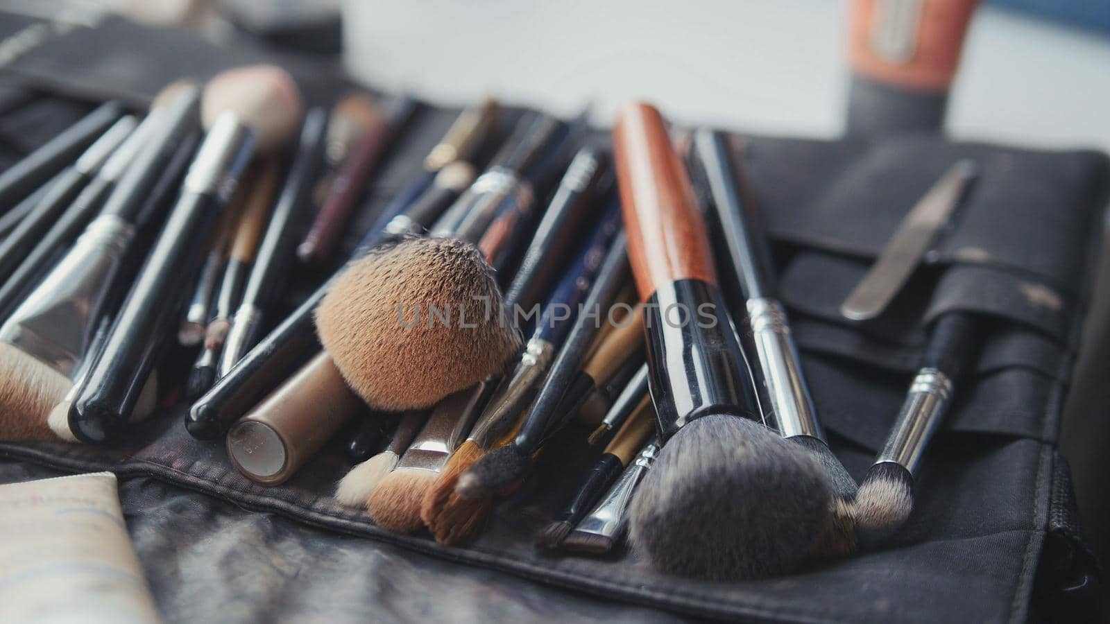 Close-up view of make-up brushes, horizontal macro