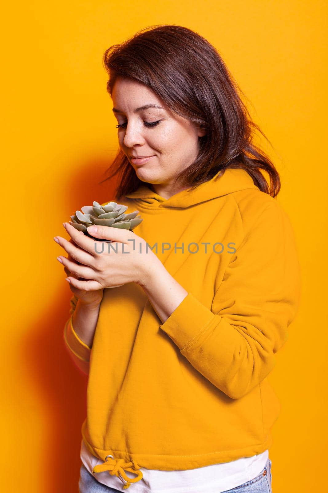 Cheerful woman looking at pot with green plant in hand. Caucasian person taking care of houseplant with leafs for natural decoration. Gardener with vegetation object of botany and flora