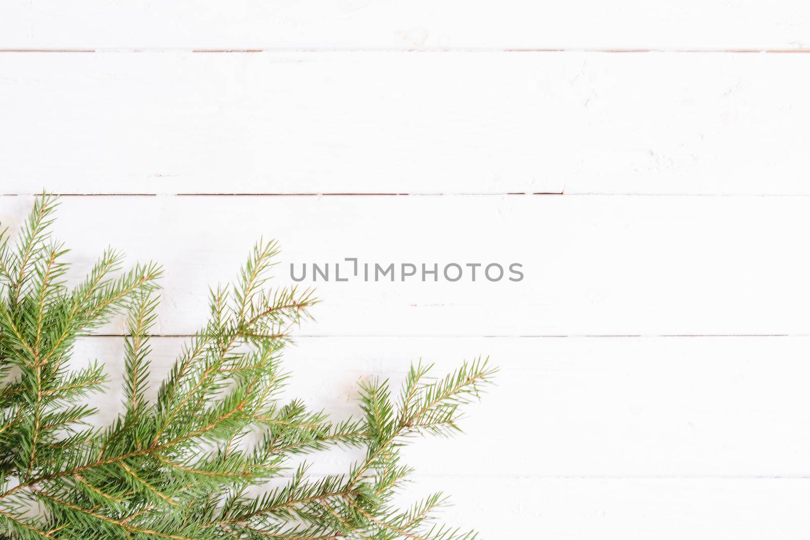 Christmas or New Year background. Fir branches, flat lay, blank space for a greeting text .