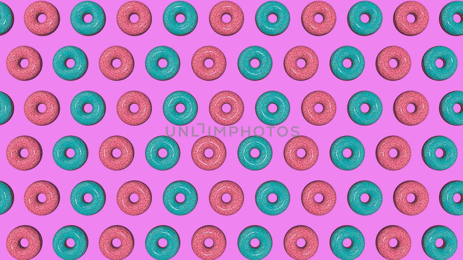 Abstract colorful animation, background of bright donuts. 3D rendering.