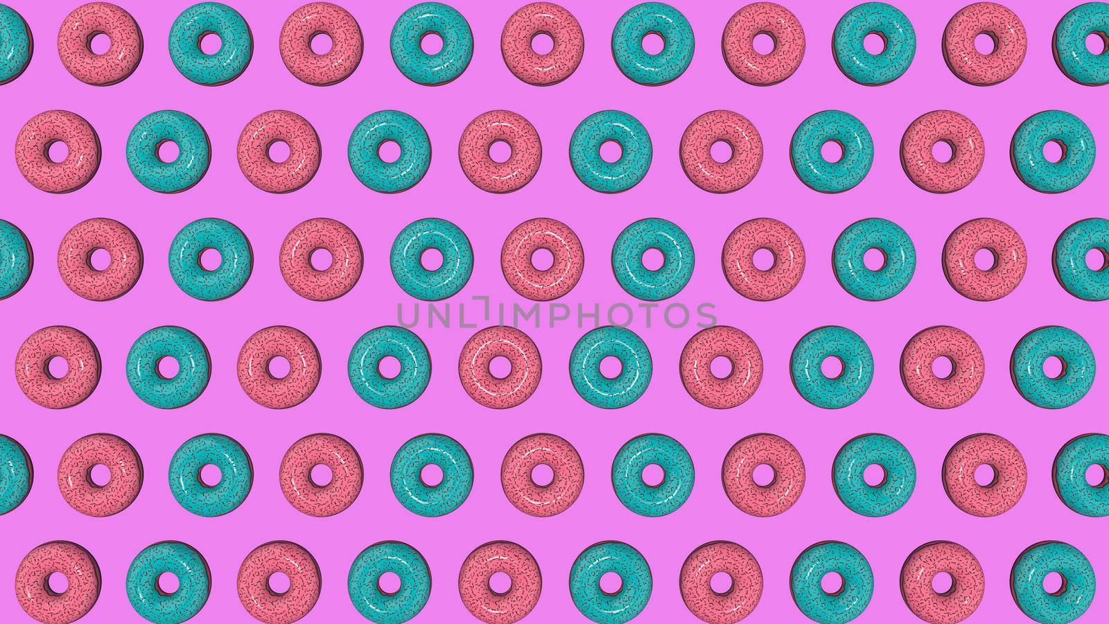 Abstract colorful animation, background of bright donuts. 3D rendering by TIS