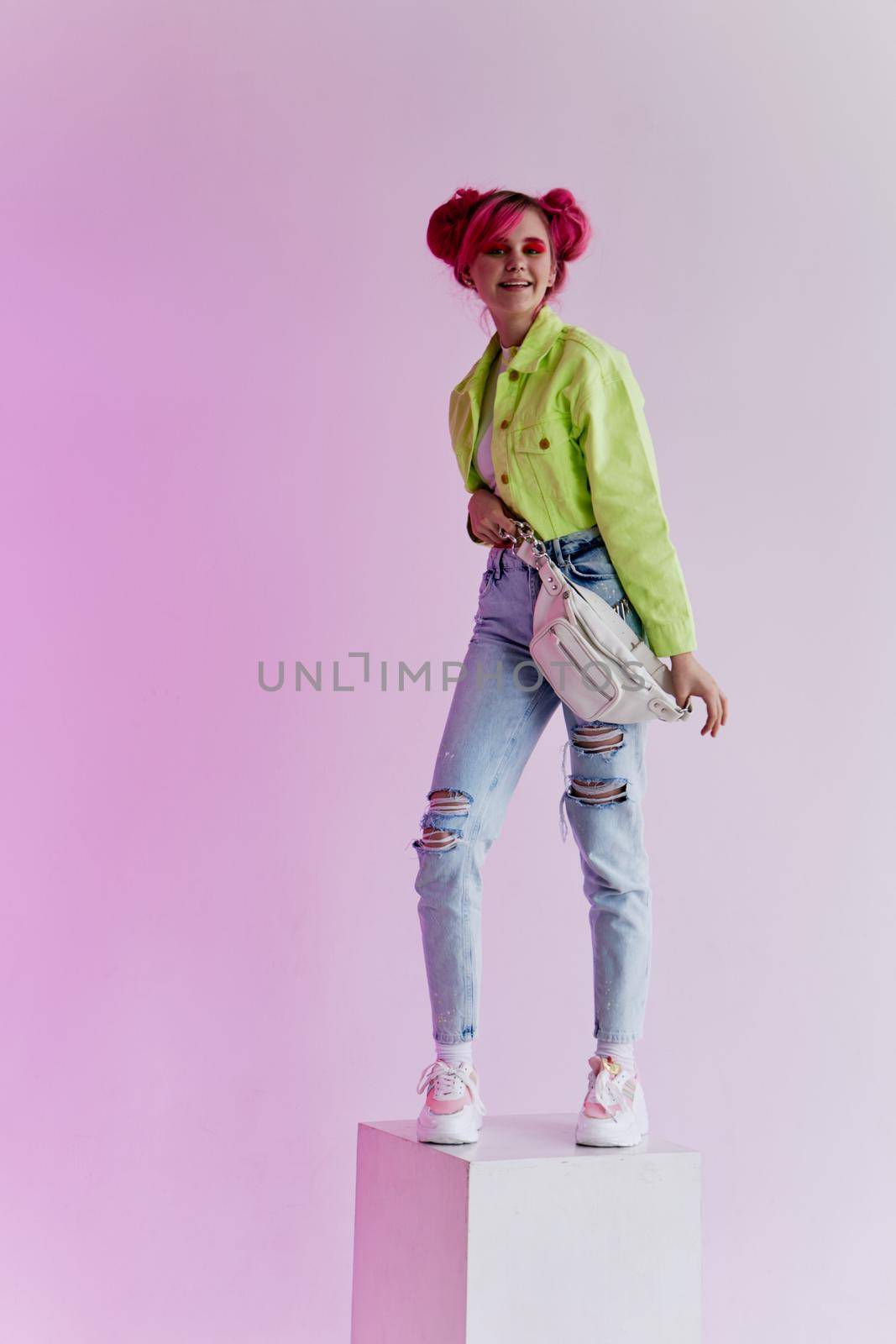 cheerful woman bright makeup posing poster stylish clothing by Vichizh