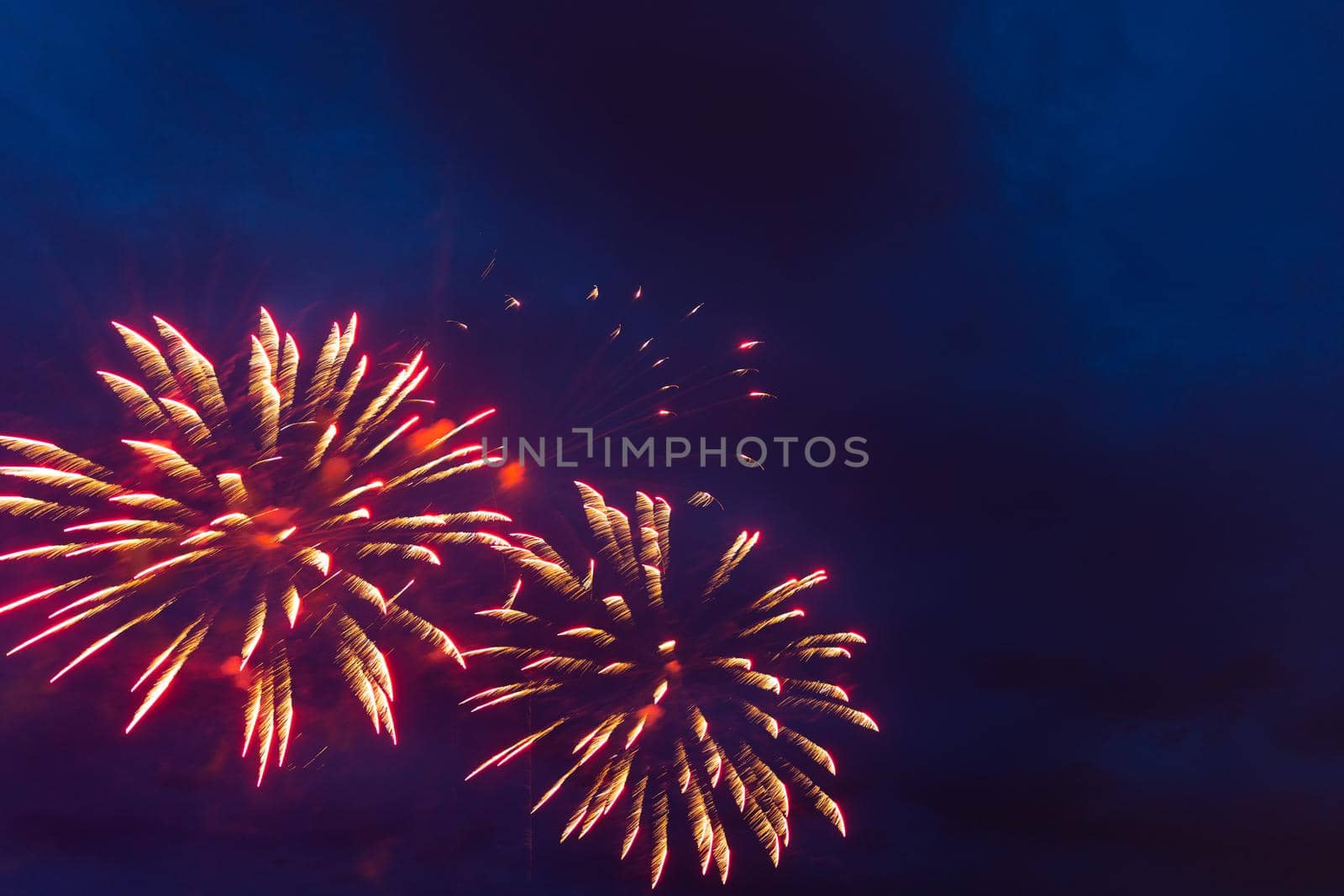 Brightly colorful fireworks and salute of various colors in a night sky. Independence Day, 4th of July, Fourth of July or New Year.