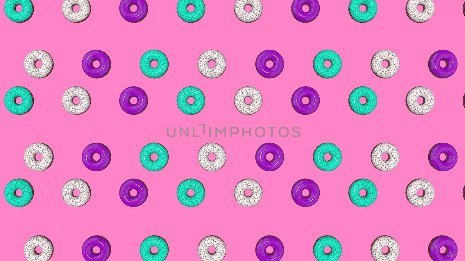 Abstract colorful animation, background of bright donuts. 3D rendering by TIS