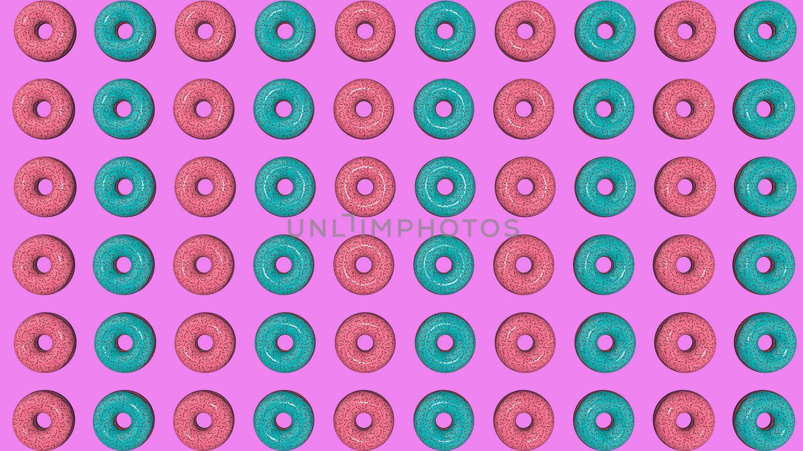 Abstract colorful animation, background of bright donuts. 3D rendering.