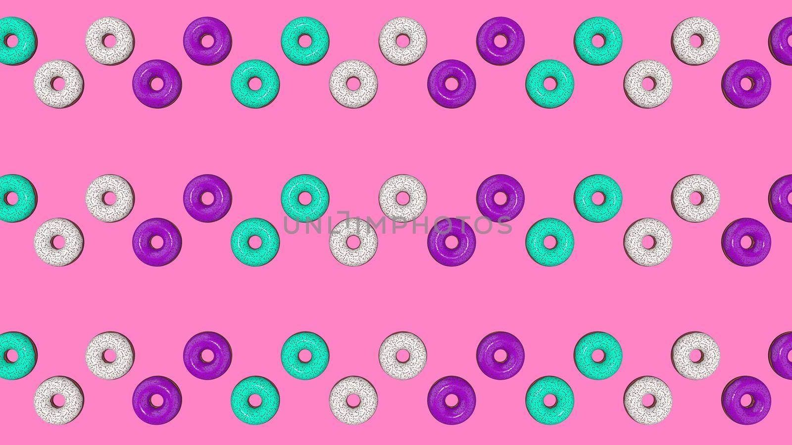 Abstract colorful animation, background of bright donuts. 3D rendering.