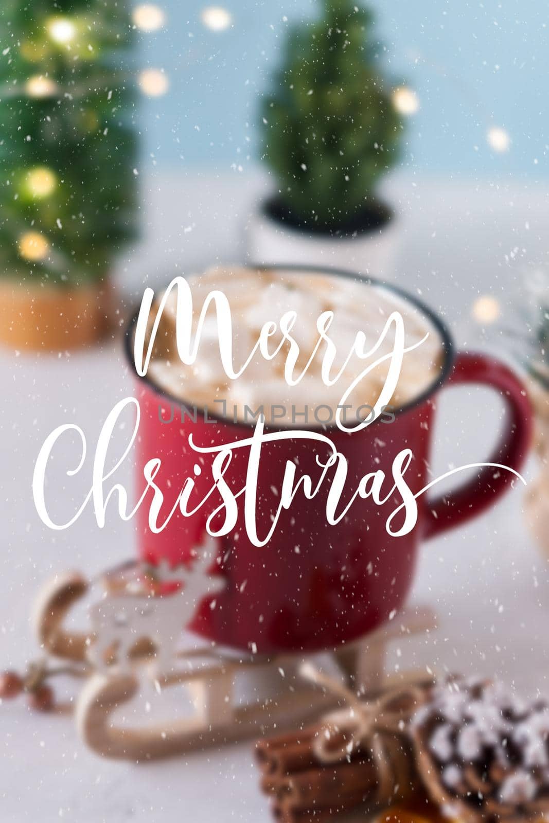Winter hot drink, cacao with marshmallows and cinnamon or spicy hot chocolate in red cup. Merry Christmas. Festive vintage background. Copy space for text.
