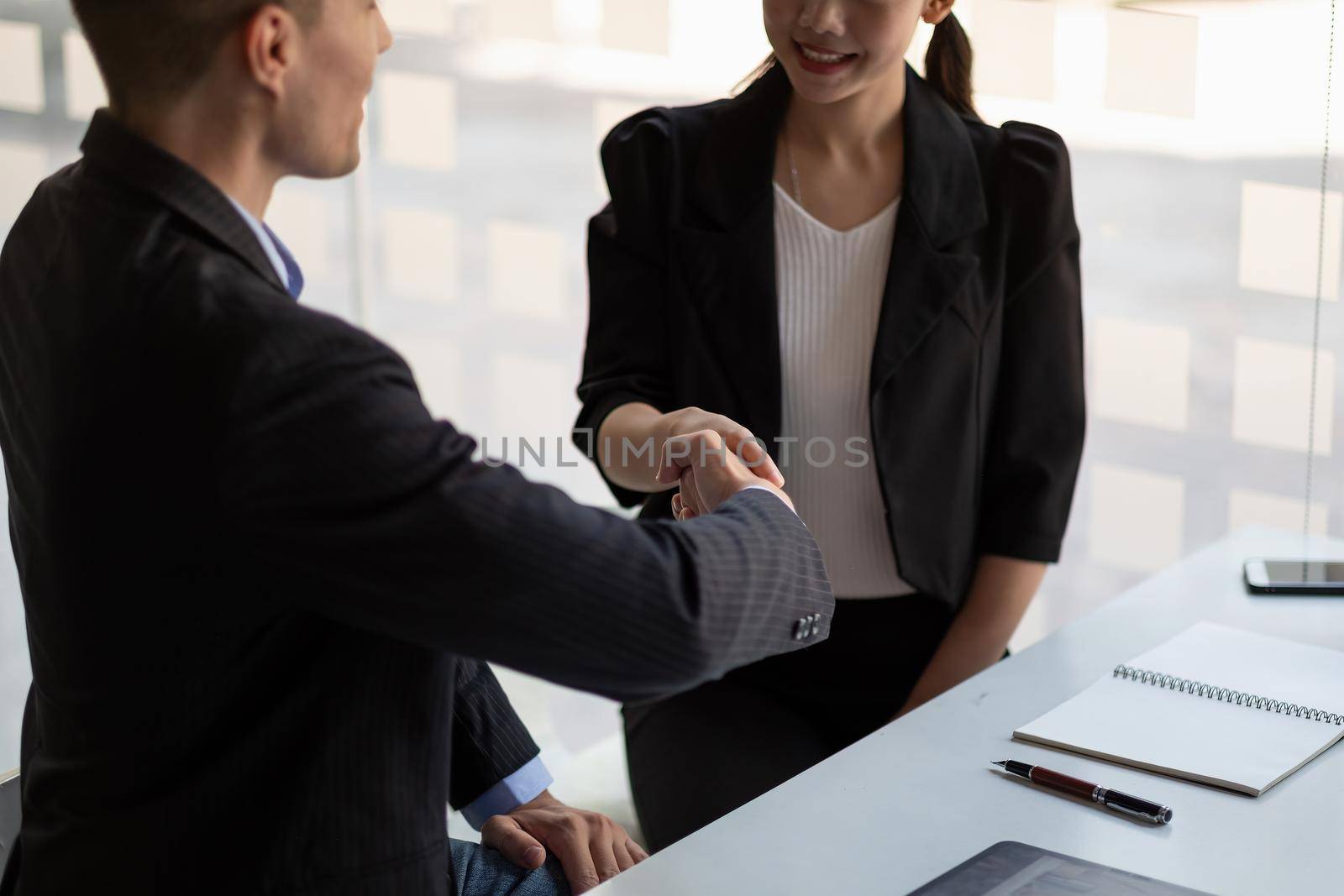 Happy caucasia male and asian female hand shaking, successful businessman handshake after good deal for both companies, business merger and acquisition concept.