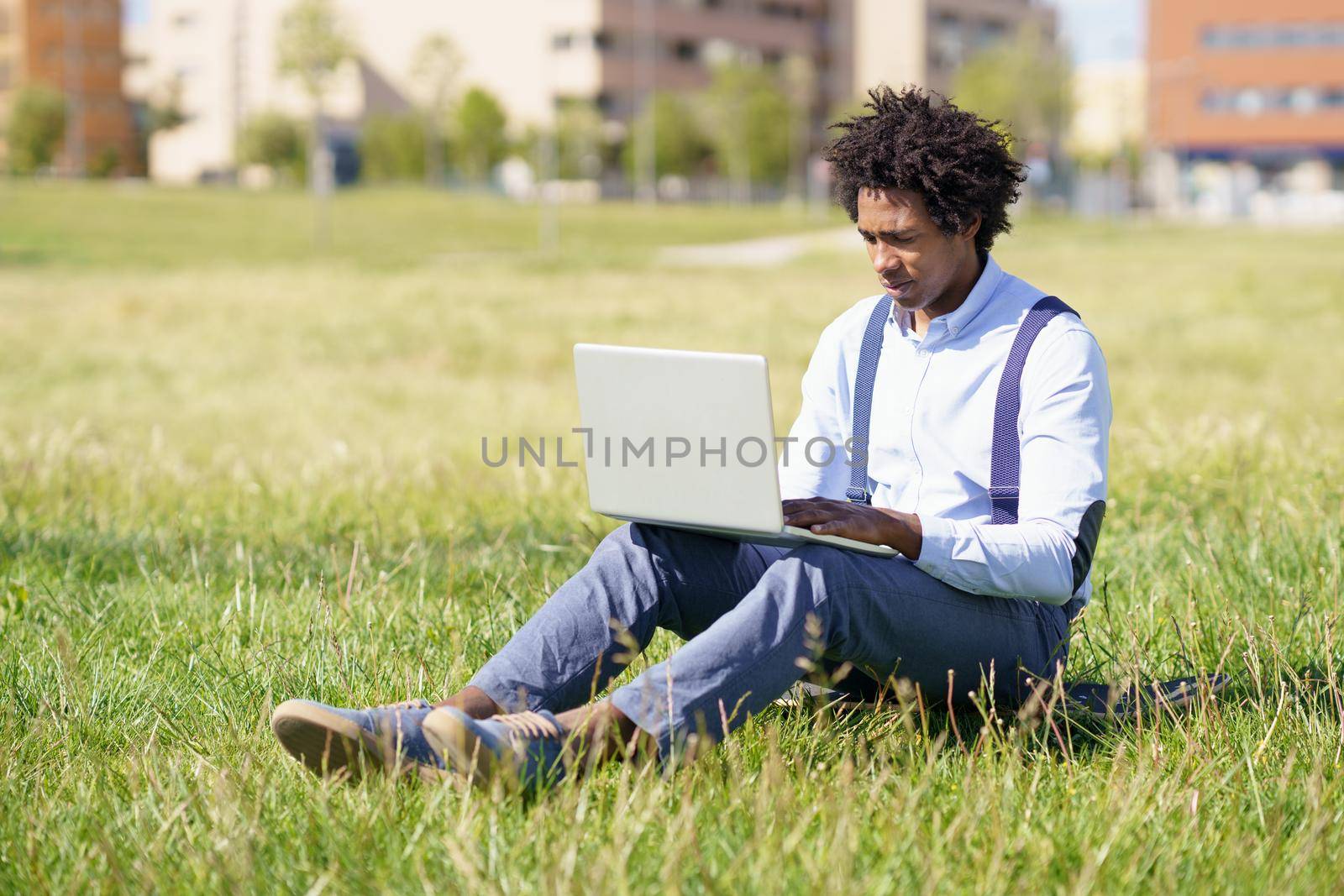Black working man with afro hair using his laptop sitting on skateboard on the grass of an urban park.