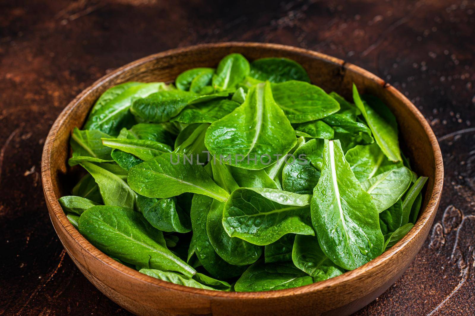 Young romain green salad leaves in wooden plate. Dark background. Top view by Composter