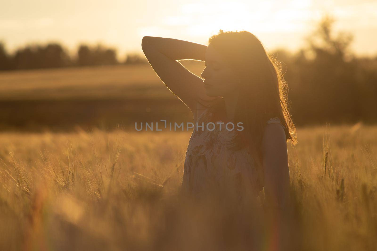 Girl in a dress in a wheat field at sunset by AlikMulikov