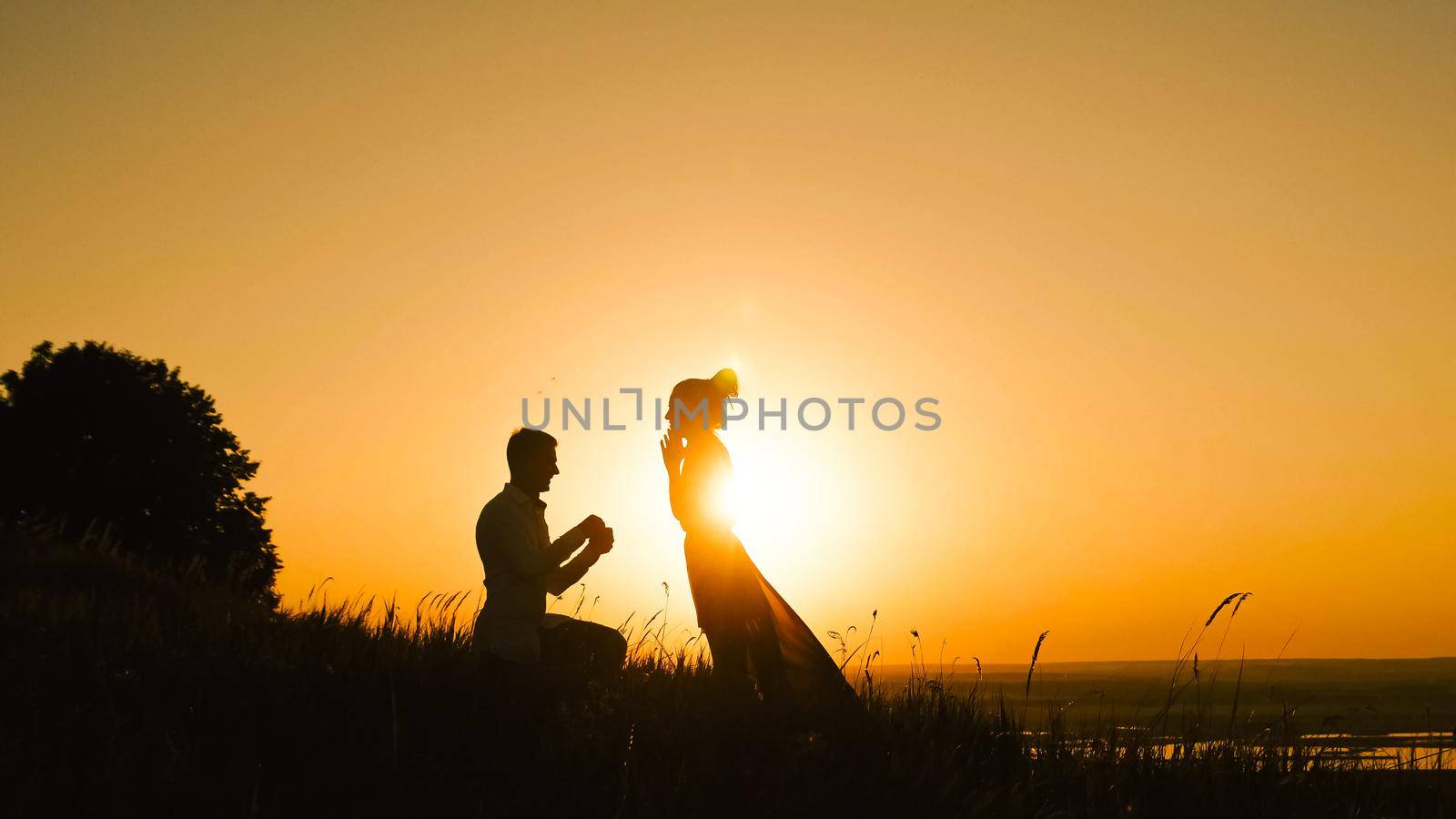Silhouette of Man Getting Down on his Knee and Proposing to Woman high hill - Couple Gets Engaged at Sunset - Putting Ring Girl's Finger by Studia72