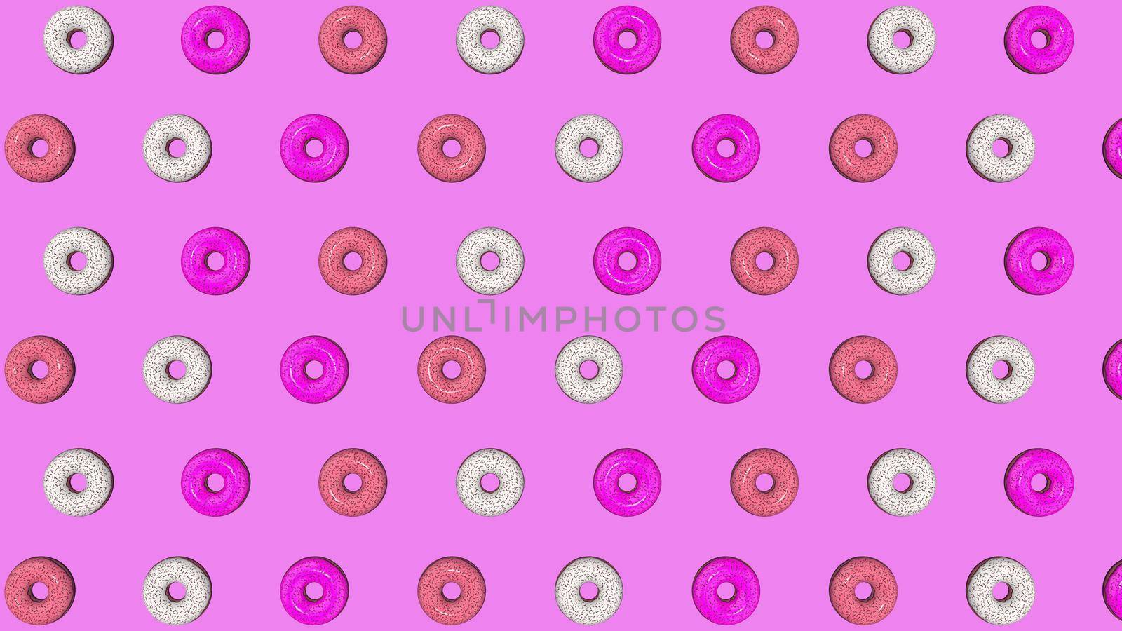 Abstract colorful animation, background of bright donuts. 3D rendering by TIS