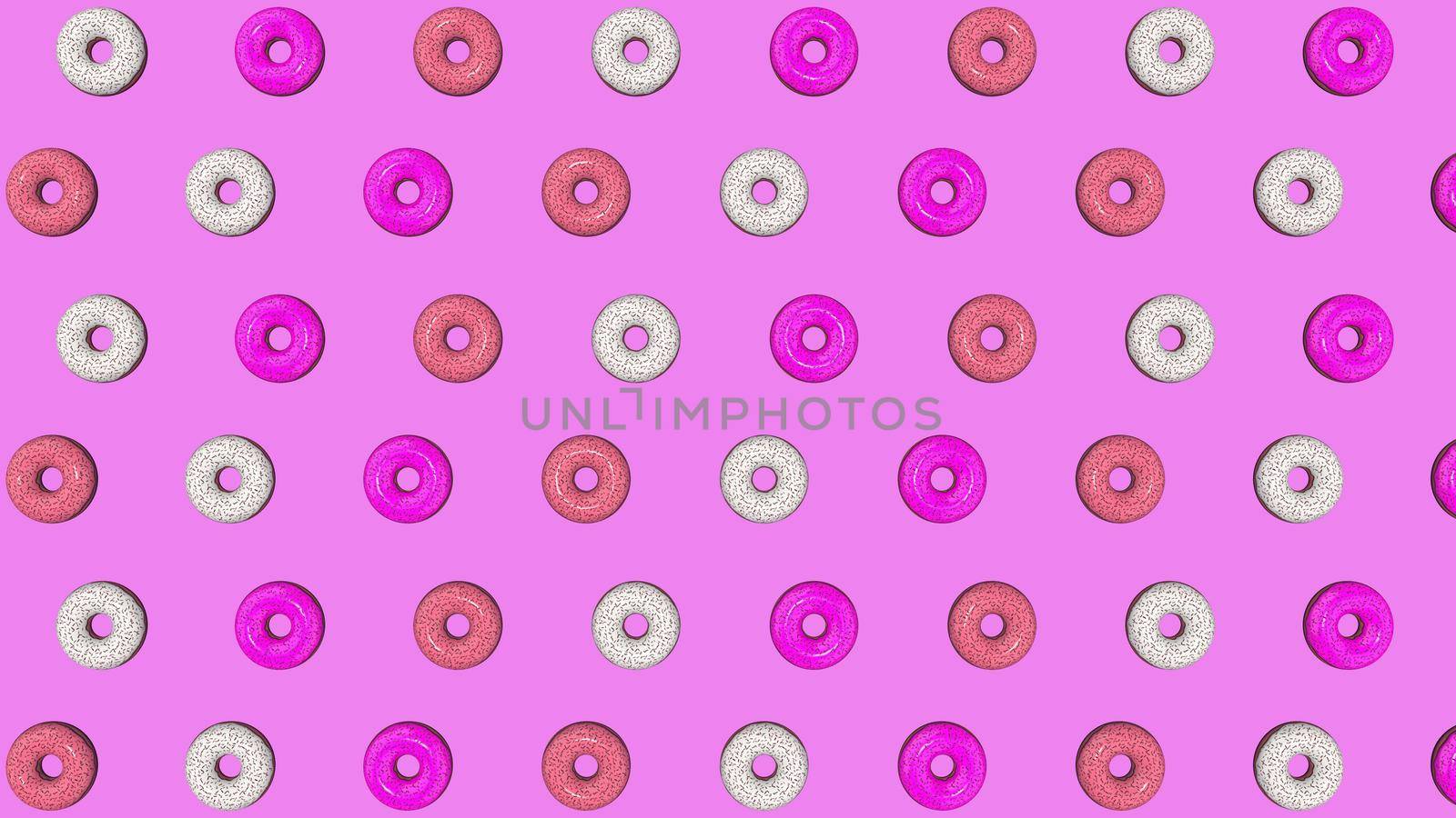 Abstract colorful animation, background of bright donuts. 3D rendering.