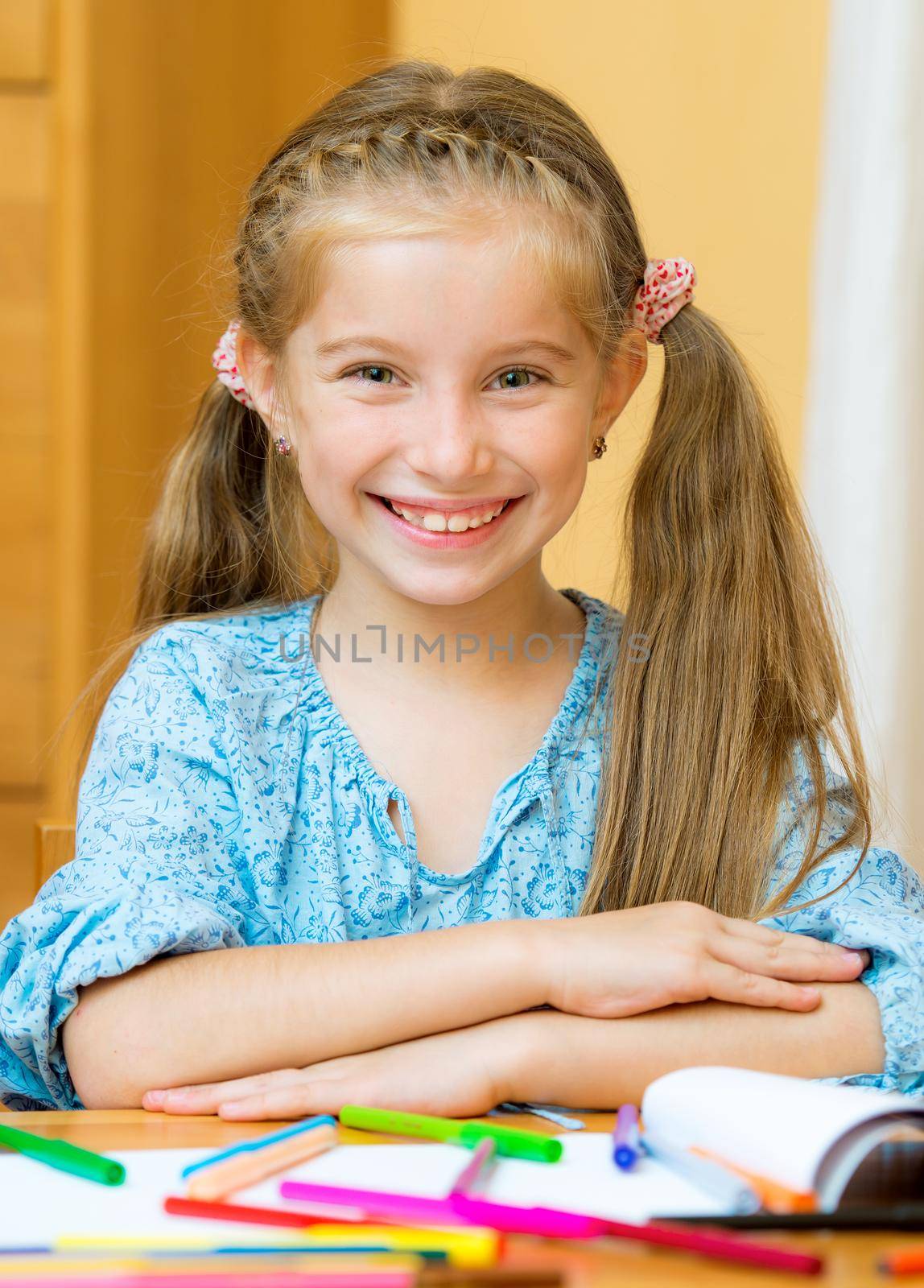 Beautiful schoolgirl Studying In Classroom