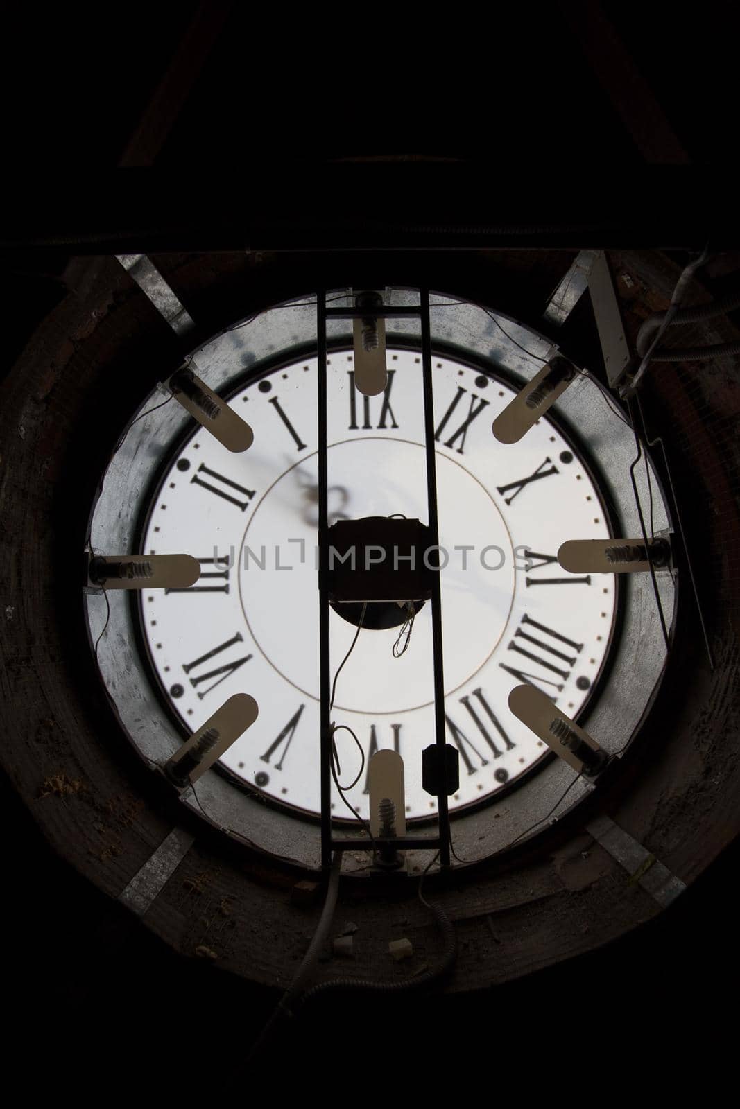 Old wall clock - mechanism inside, close up, vertical
