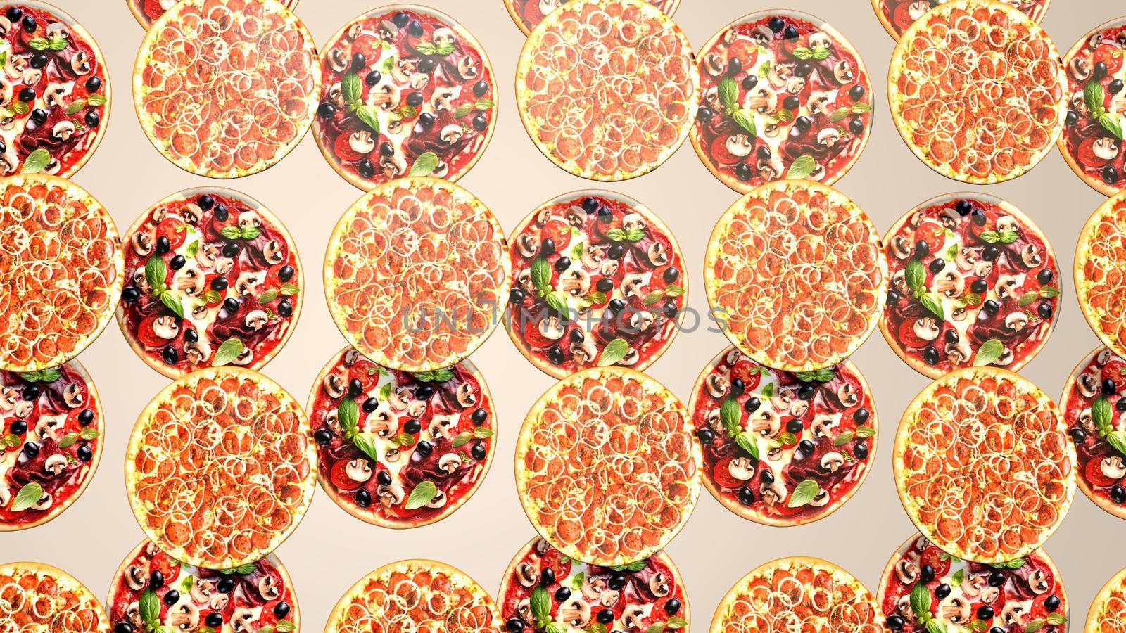 Endless pizza movement, advertising background. 3D rendering by TIS