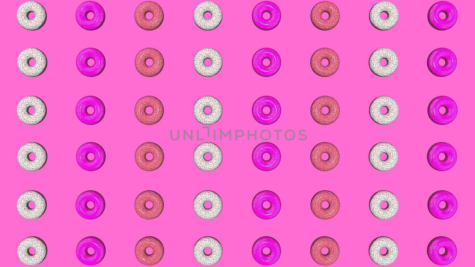 Abstract colorful animation, background of bright donuts. 3D rendering.