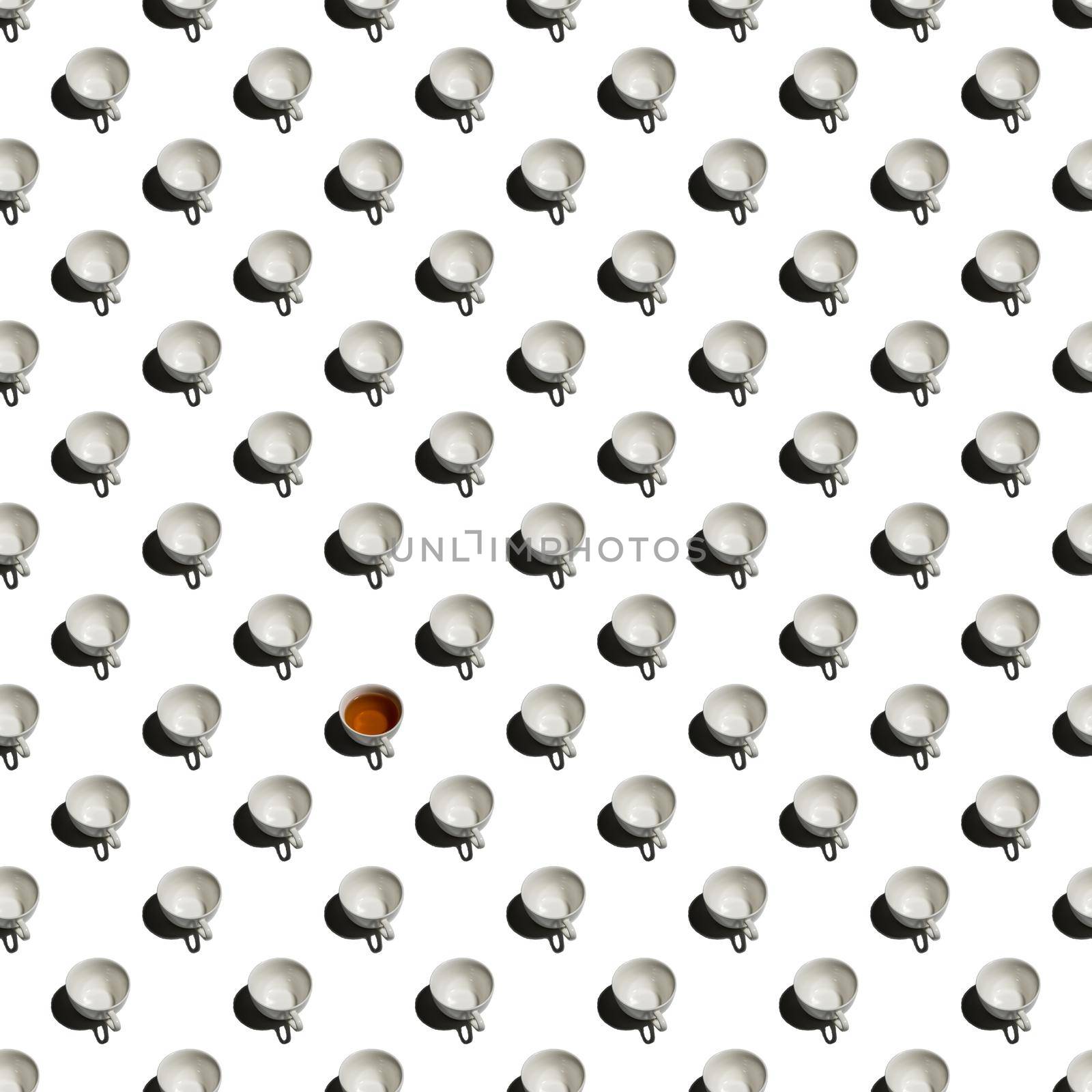 Pattern with lonely cup of tea and many empty cups on wite background.