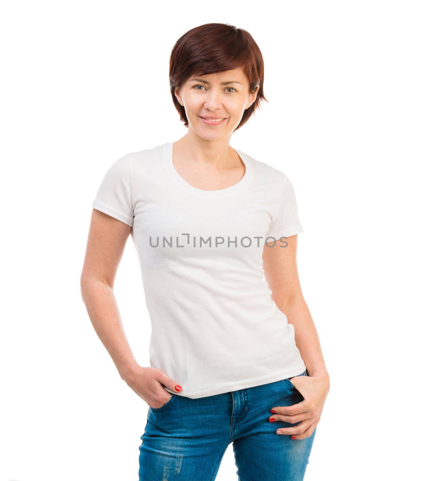 young dark-haired woman in a white T-shirt and blue jeans on a white background