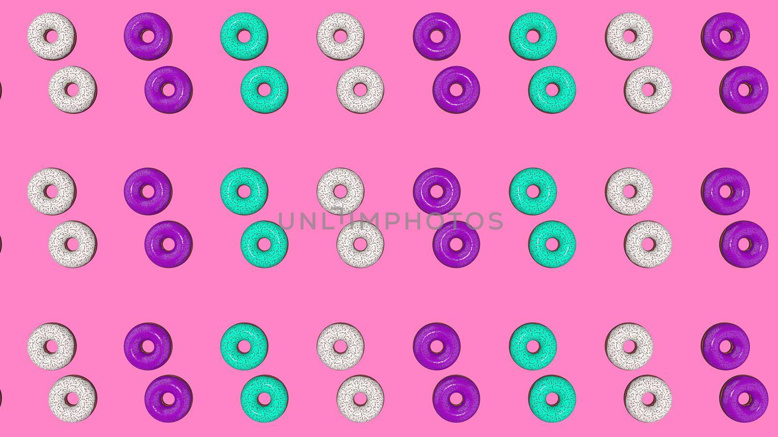 Abstract colorful animation, background of bright donuts. 3D rendering by TIS