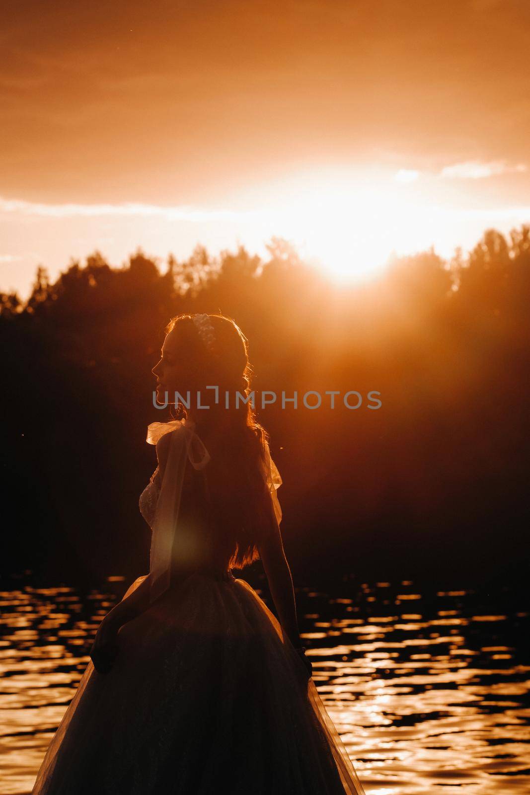 An elegant bride in a white dress enjoys nature at sunset.Model in a wedding dress in nature in the Park.Belarus by Lobachad