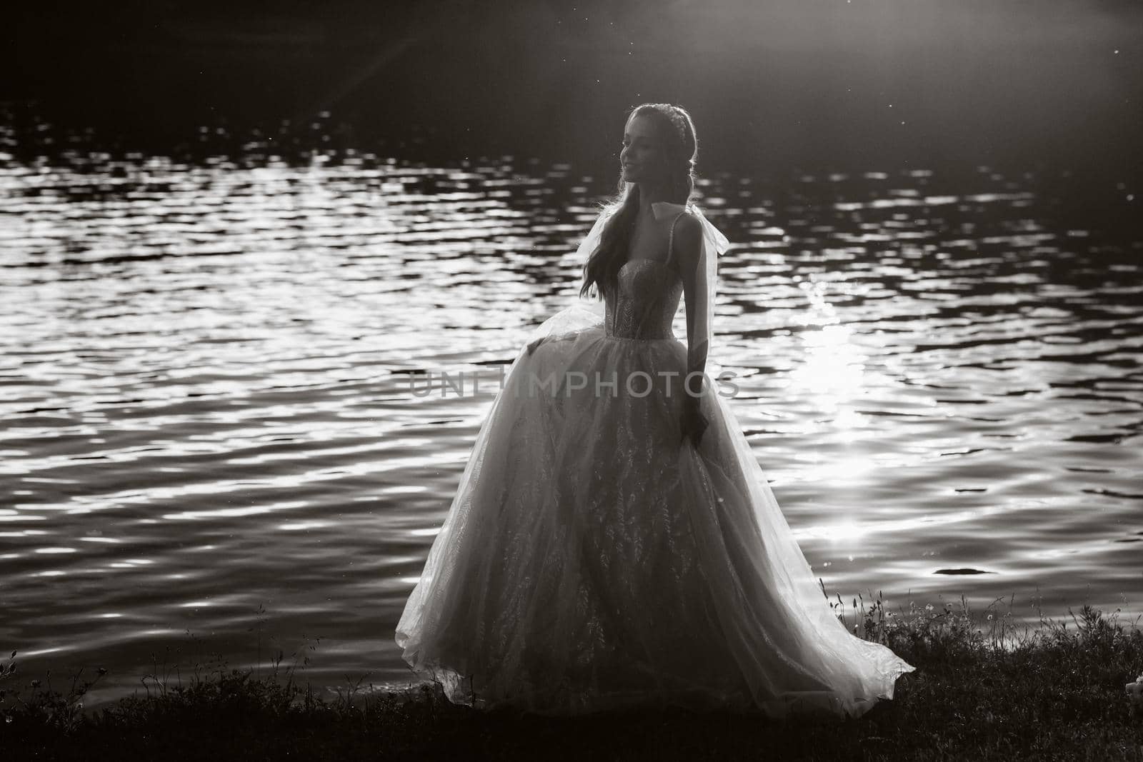 An elegant bride in a white dress enjoys nature at sunset.Model in a wedding dress in nature in the Park.Belarus. black and white photo by Lobachad