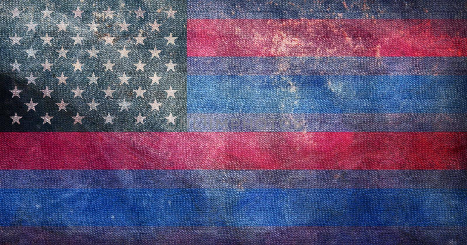 Top view of retro flag of BiAmerica with grunge texture, no flagpole. Plane design, layout. Flag background. Freedom and love concept. Pride month, activism, community and freedom