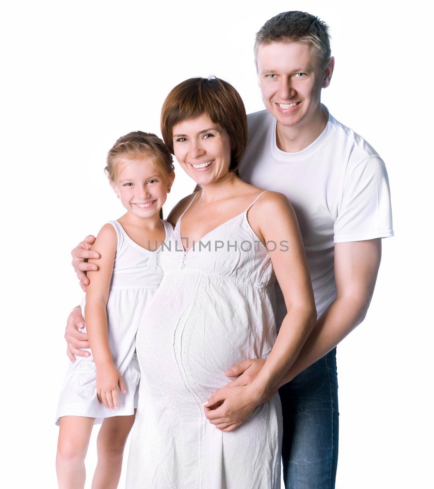 Young family with a child on a white background