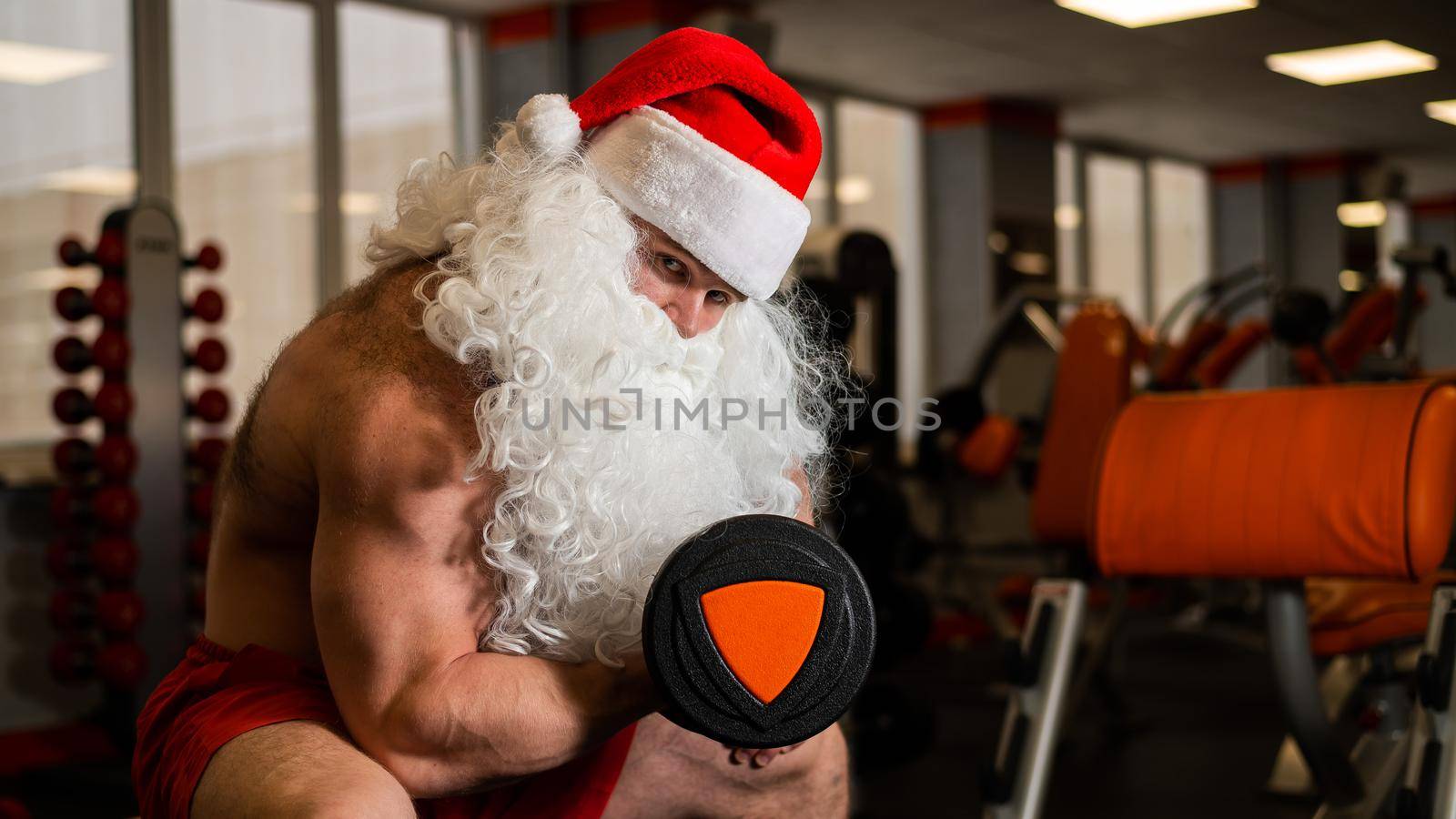 Santa claus in the gym. Muscular man with a naked torso doing exercises with dumbbells