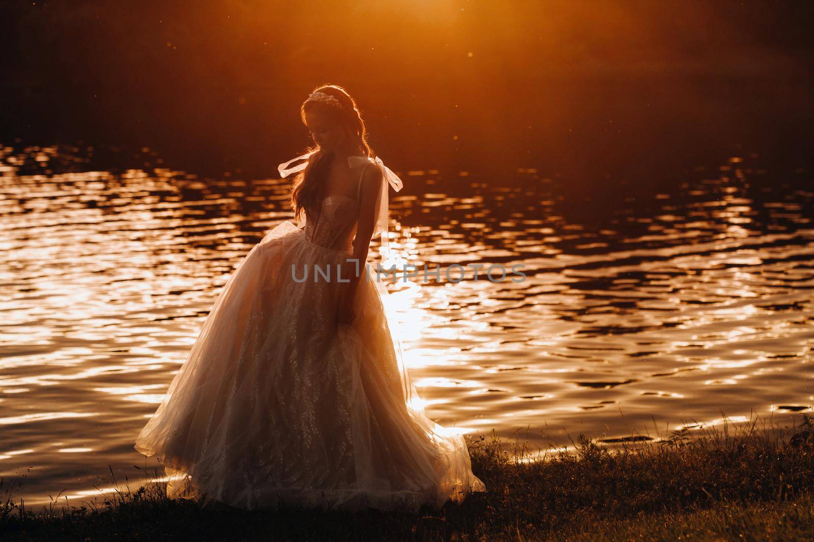 An elegant bride in a white dress enjoys nature at sunset.Model in a wedding dress in nature in the Park.Belarus by Lobachad