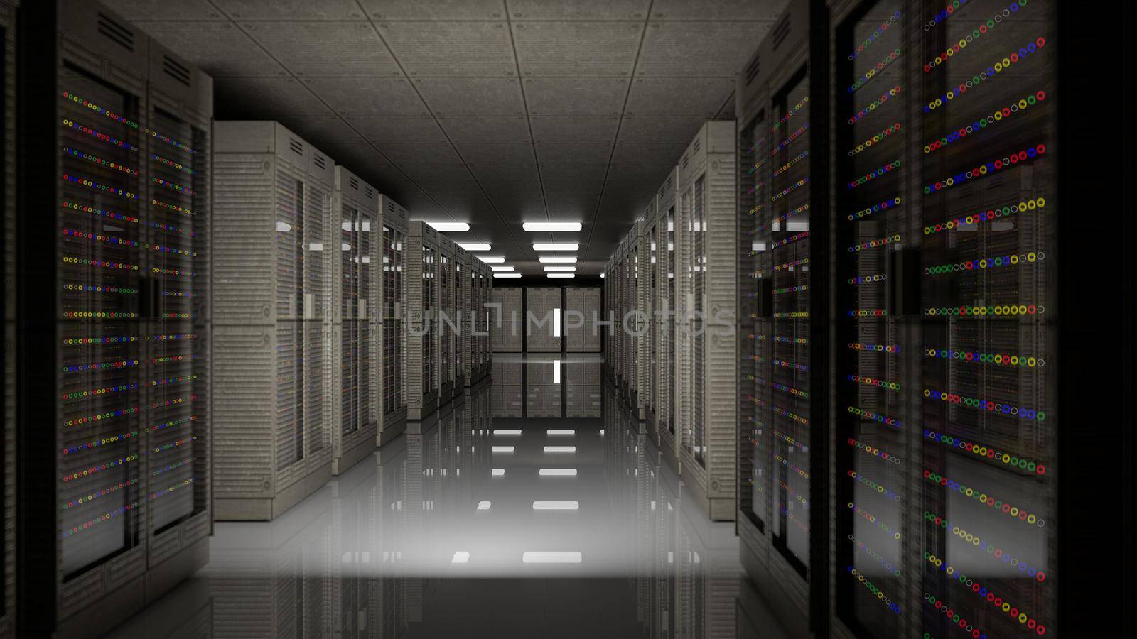 Server room data center. Backup, mining, hosting, mainframe, farm and computer rack with storage information. 3d render by kwarkot