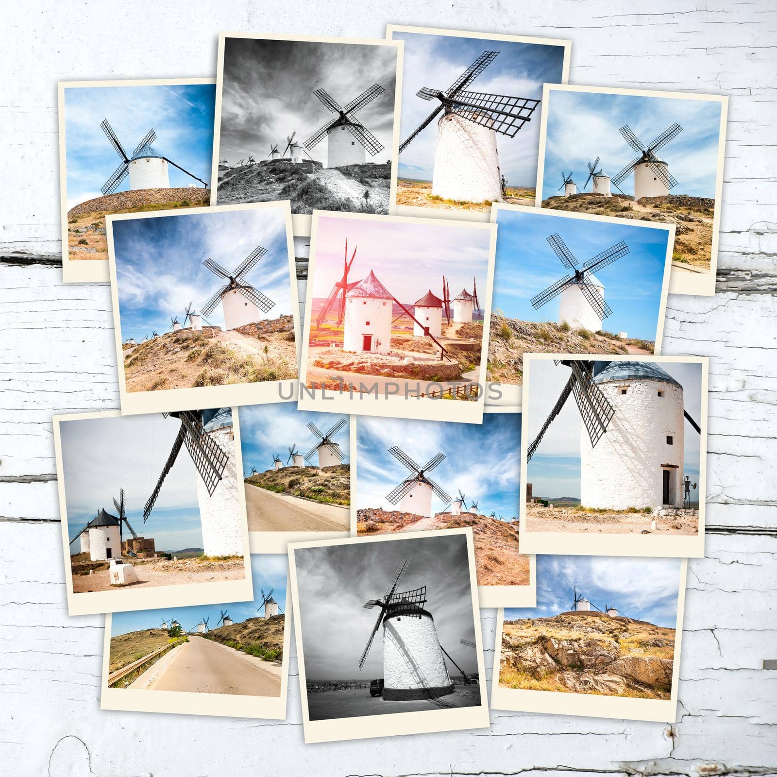 collage windmills of don quixote in cervantes consuegra castile-la mancha spain europe on wooden table