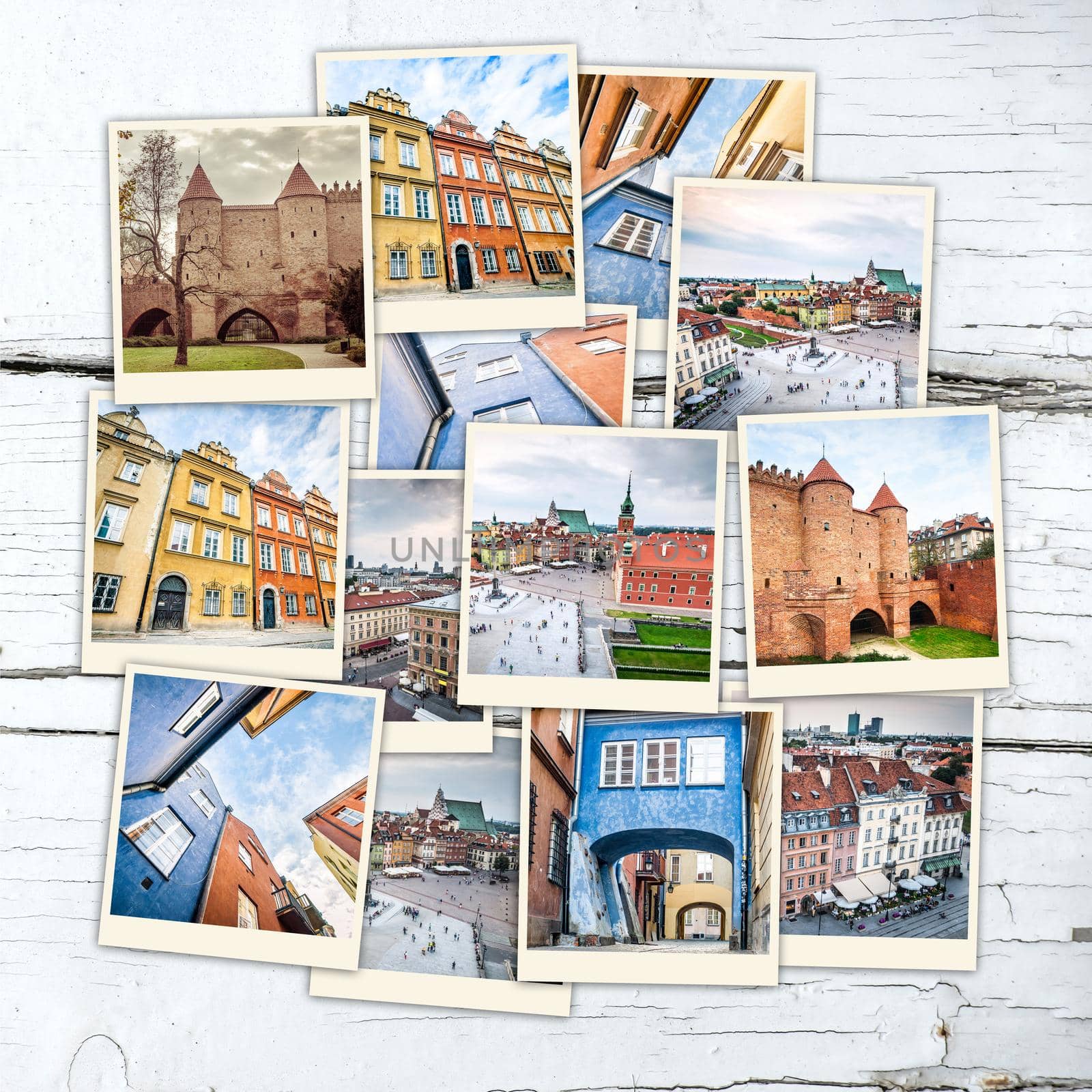 collage of sights and beautiful views of Warsaw on wooden table
