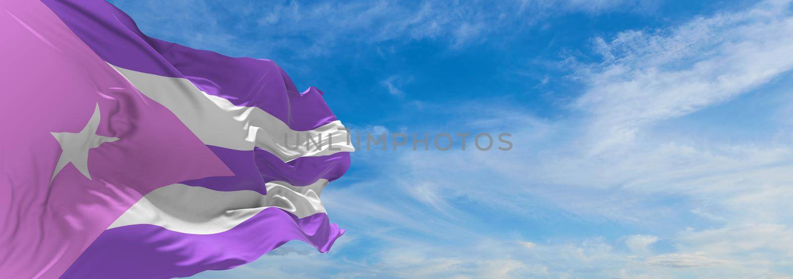 flag of Vaporwave Bisexual, Cuba waving in the wind at cloudy sky. Freedom and love concept. Pride month. activism, community and freedom Concept. Copy space. 3d illustration