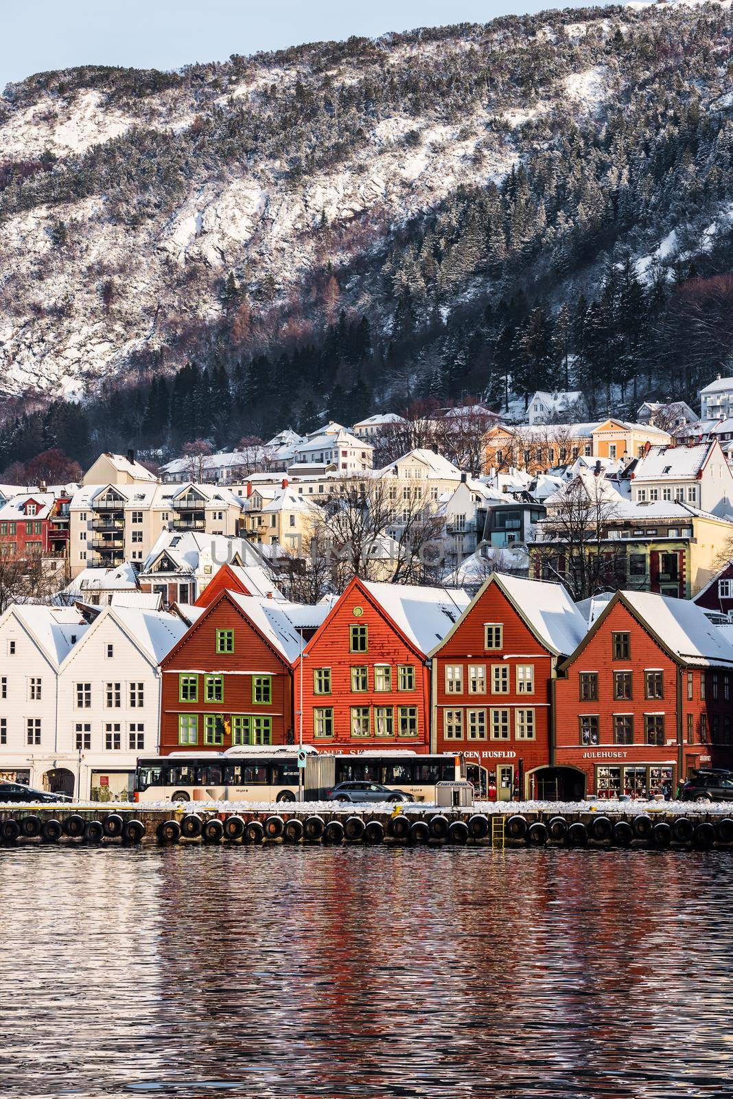 Bergen, Norway - December 27, 2014: Famous Bryggen and old houses in the center of Bergen at Christmas, Norway