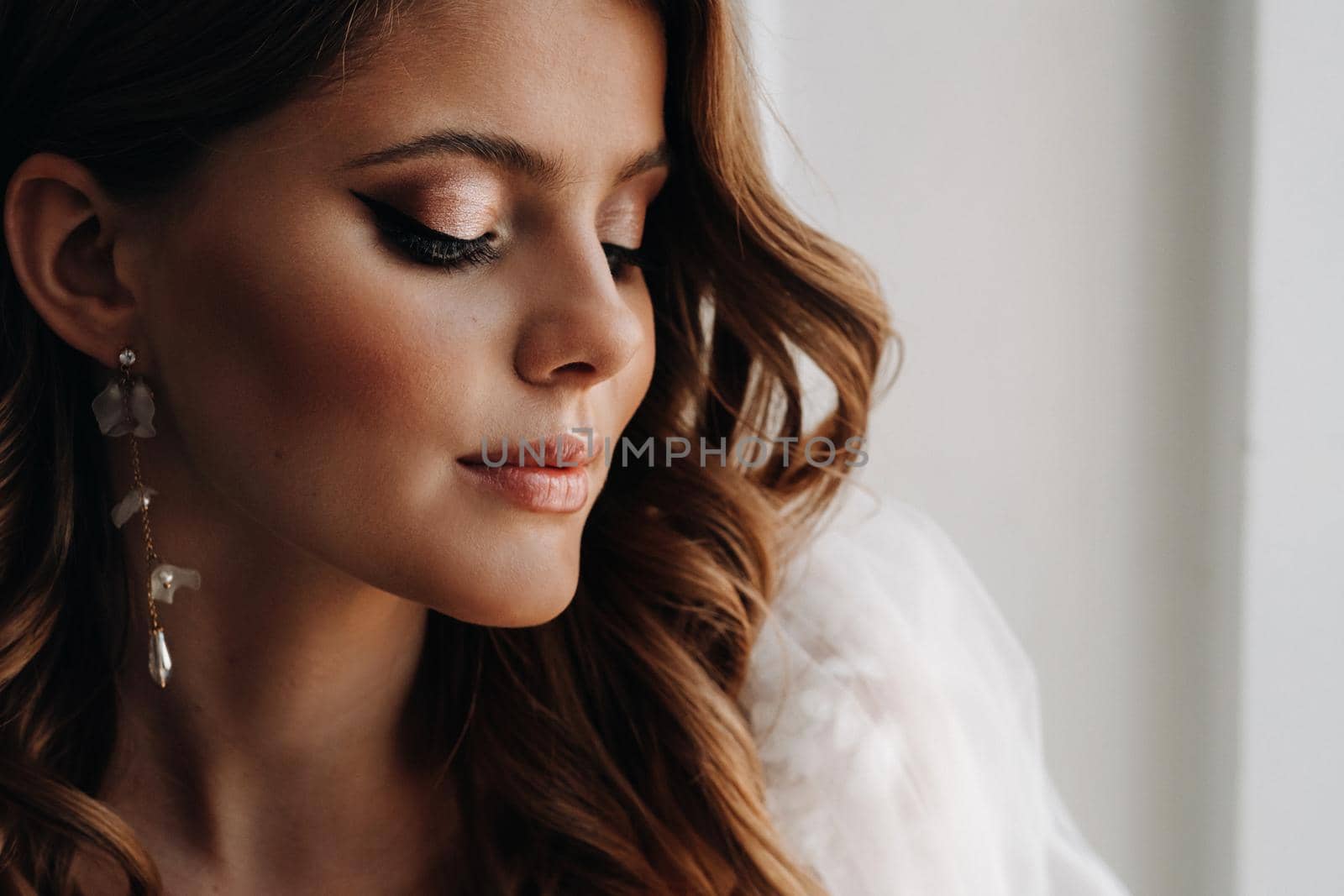 Close-up portrait of a luxurious bride in a wedding dress in the morning in her interior.