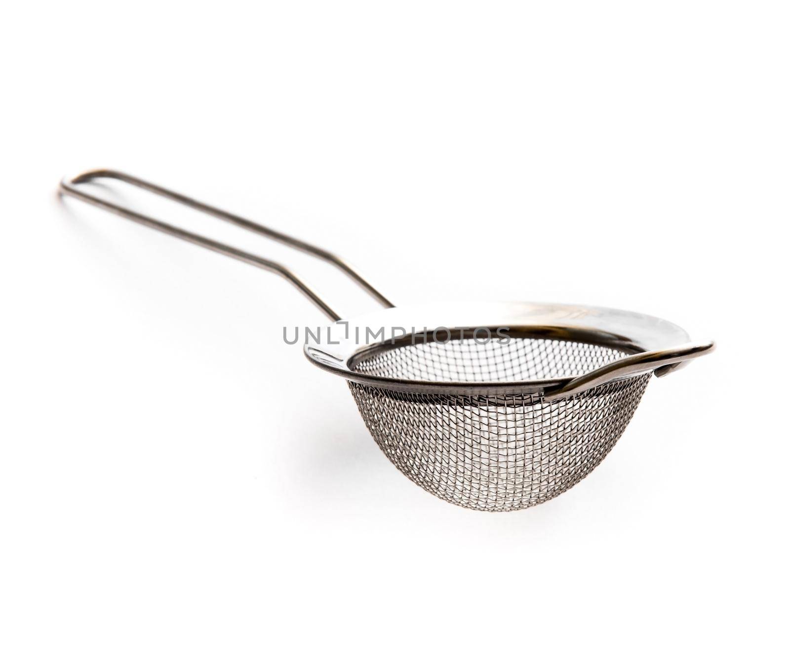 metal kitchen strainer isolated on a white background