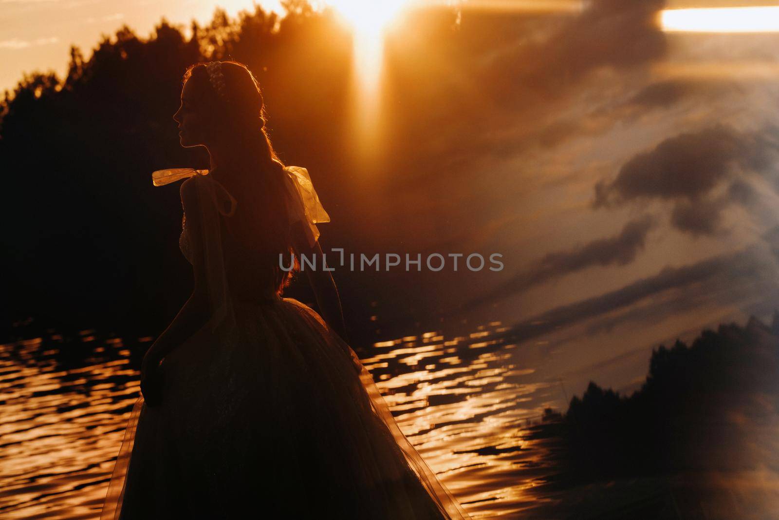 An elegant bride in a white dress enjoys nature at sunset.Model in a wedding dress in nature in the Park.Belarus by Lobachad