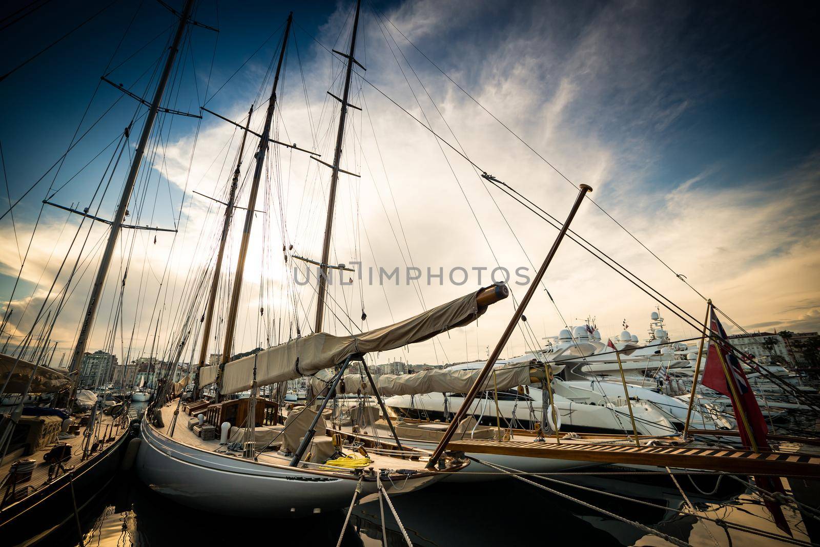 Beautiful marina view, sailboats and motorboats in port