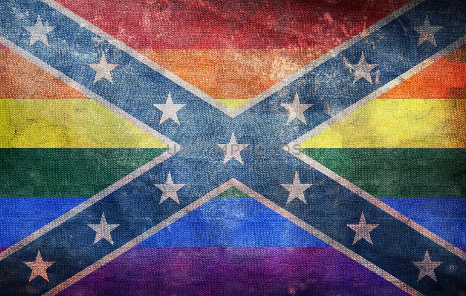 Top view of retro flag of Confederate, LGBT with grunge texture, no flagpole. Plane design, layout. Flag background. Freedom and love concept. Pride month, activism, community and freedom