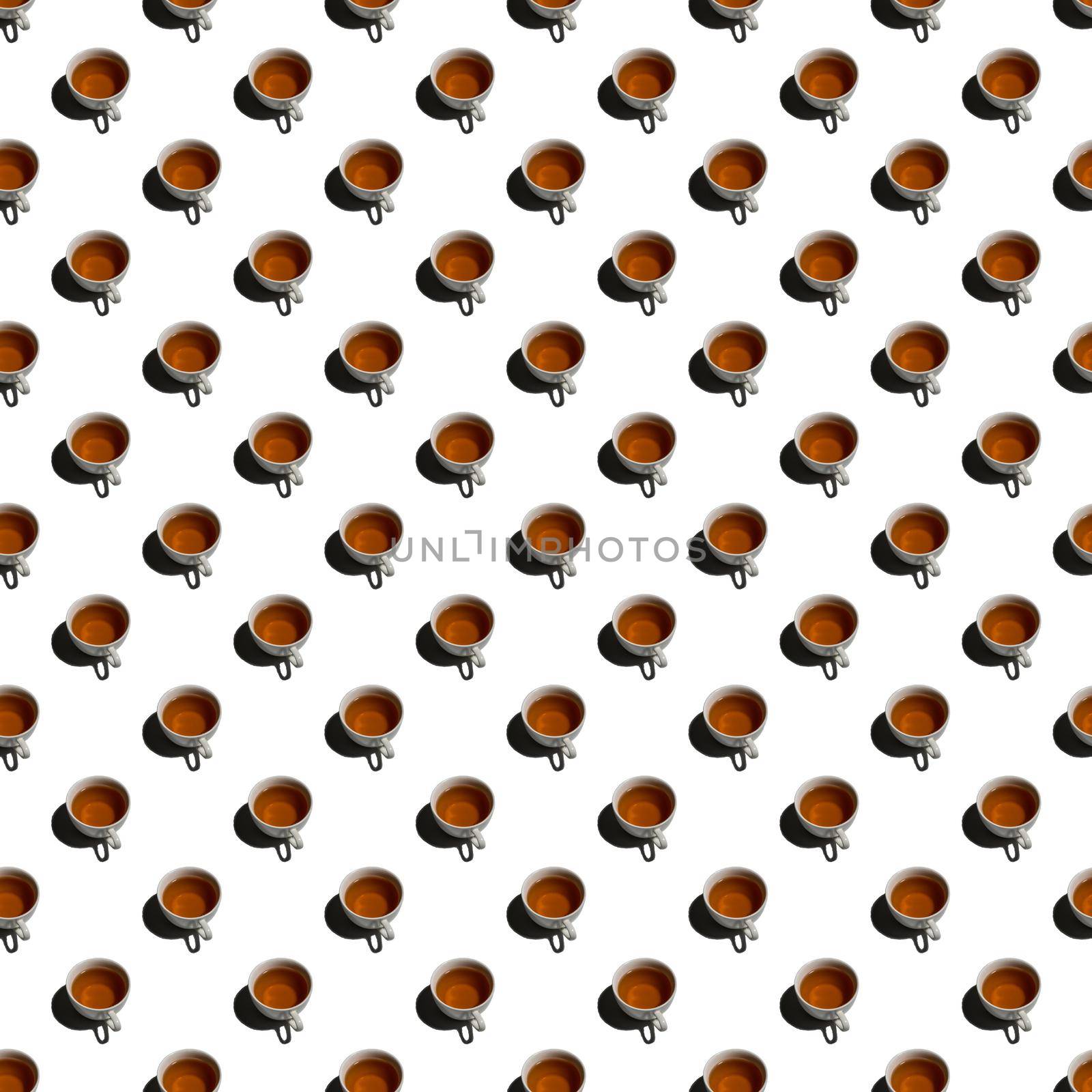Pattern with many tea cups on white background.