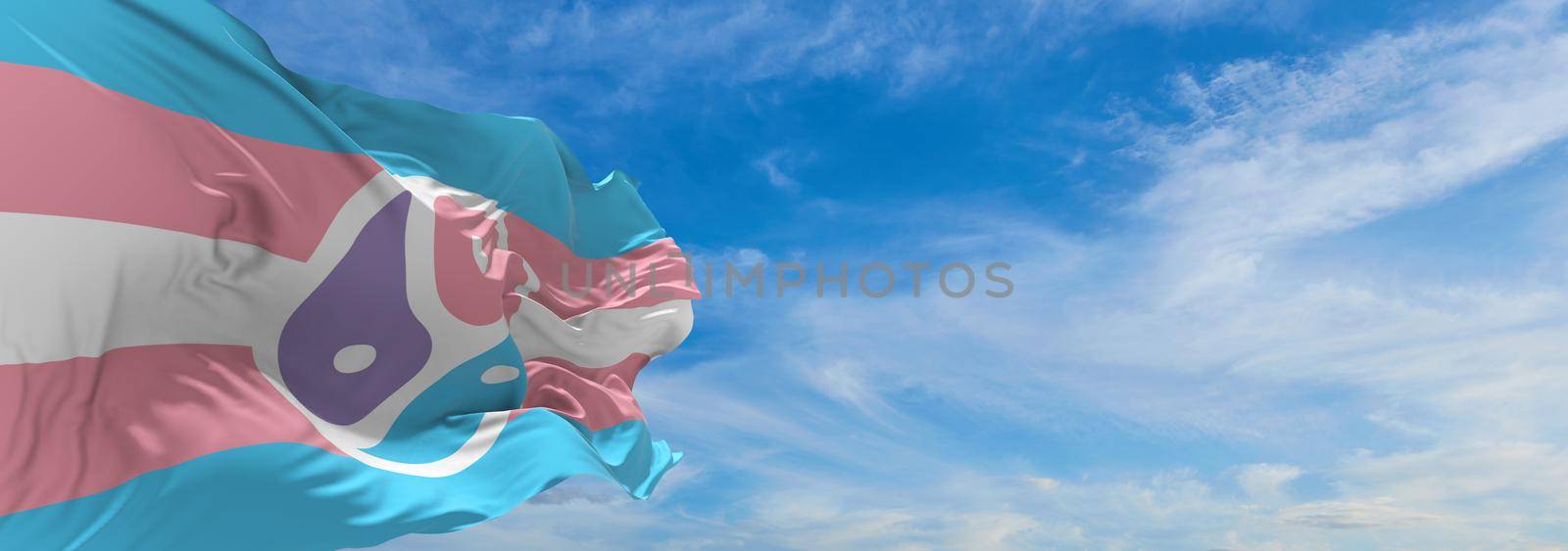 flag of Transgender Bisexual BDSM Pride waving in the wind at cloudy sky. Freedom and love concept. Pride month. activism, community and freedom Concept. Copy space. 3d illustration
