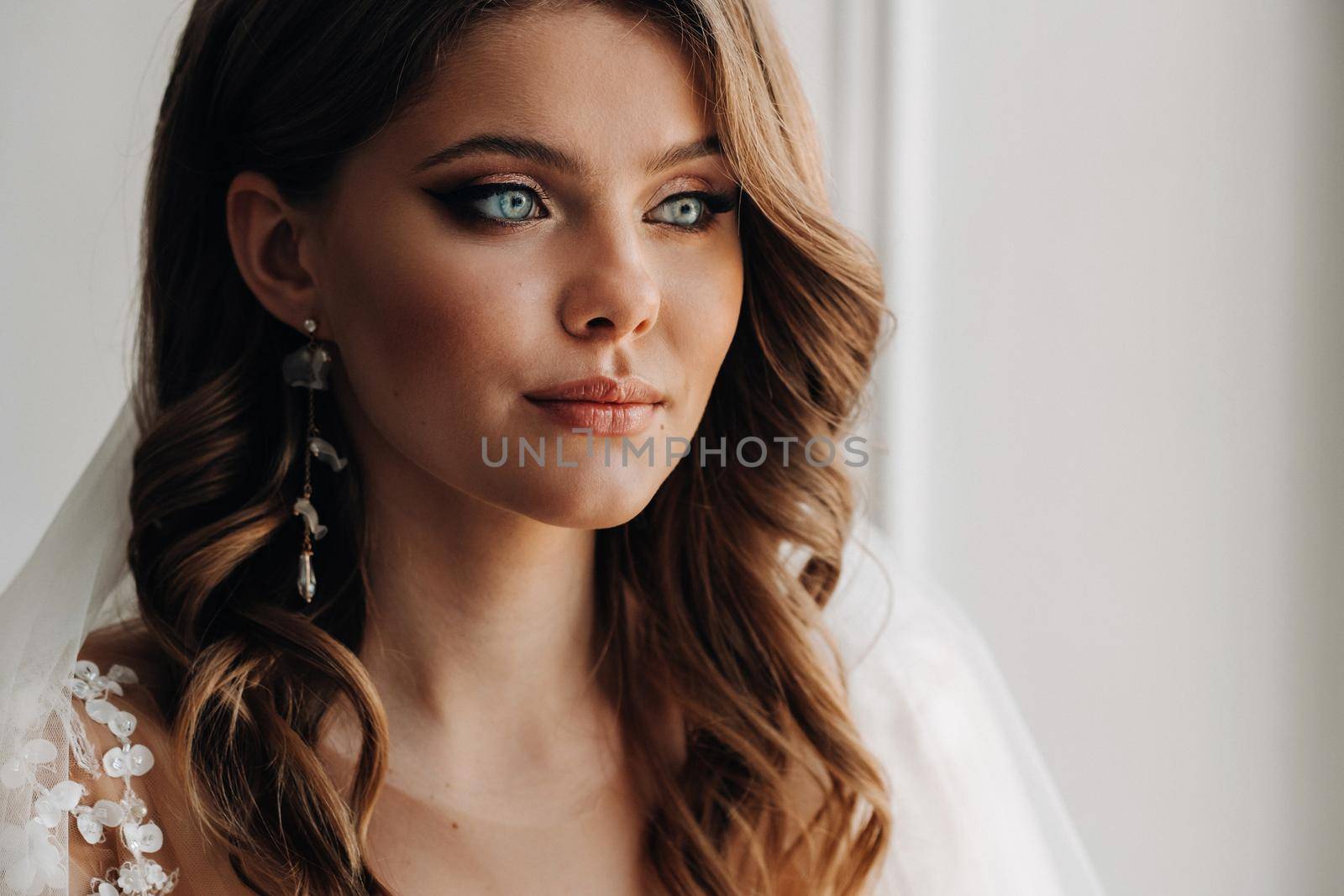 Close-up portrait of a luxurious bride in a wedding dress in the morning in her interior.